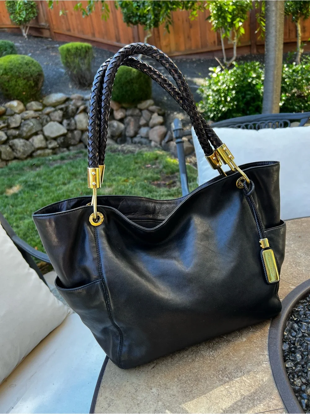 Michael Kors Black Leather Tote with Braided Handles and Gold Hardware